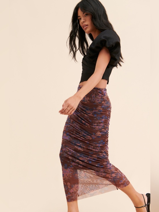 Anthropologie Dresses & Skirts - Anthropologie Floral Ruched Mesh Midi Skirt Brown Purple M Autumn Y2K Party Chic